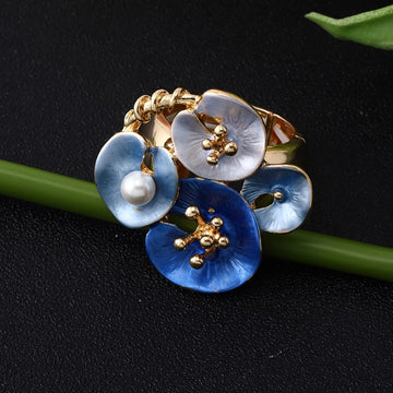 Blauer Blumen-Perlen Verstellbarer Statement-Ring