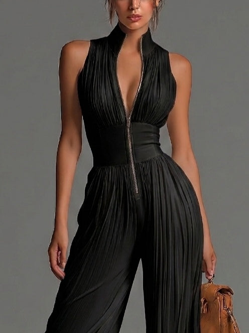 Schwarzer Chiffon-Jumpsuit mit V-Ausschnitt und weitem Bein