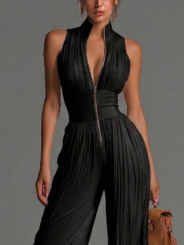 Schwarzer Chiffon-Jumpsuit mit V-Ausschnitt und weitem Bein