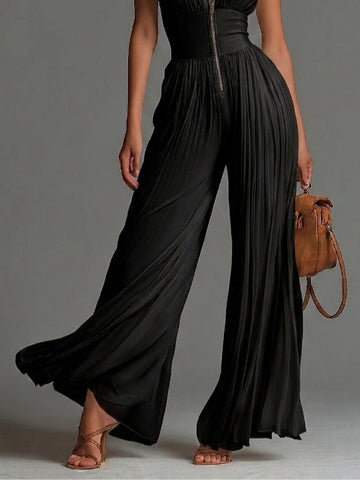 Schwarzer Chiffon-Jumpsuit mit V-Ausschnitt und weitem Bein