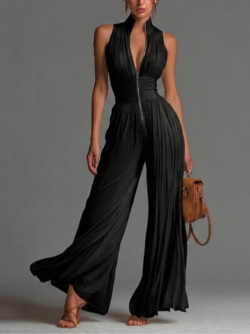 Schwarzer Chiffon-Jumpsuit mit V-Ausschnitt und weitem Bein