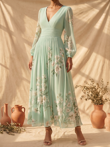 Cisella | Midi-Kleid in hellgrün mit Blumenmuster
