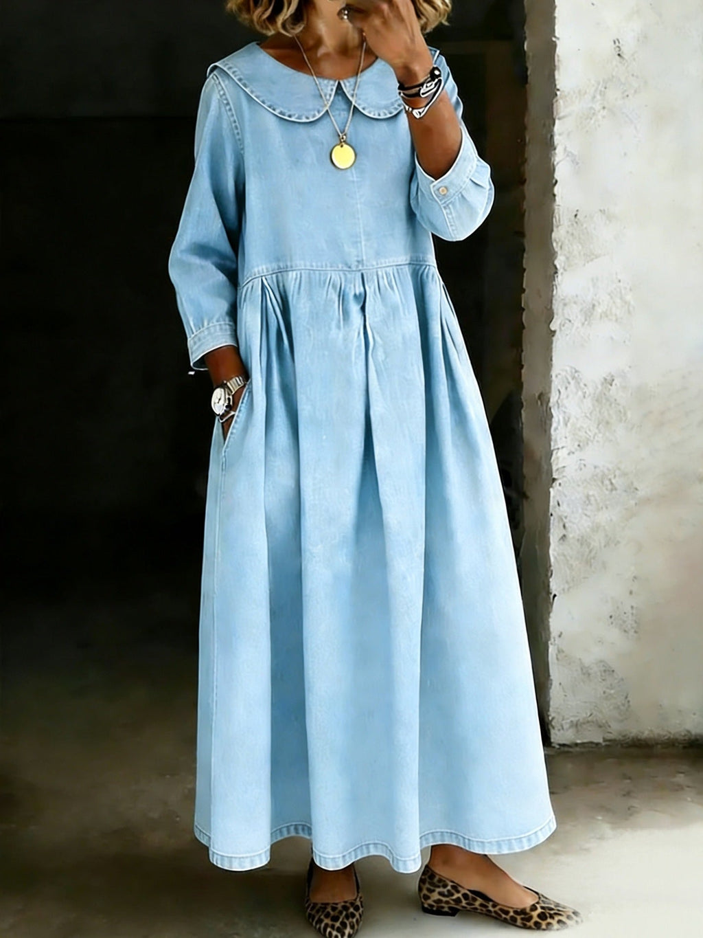 Melissa | Denim-Kleid mit langen Ärmeln und rundem Ausschnitt