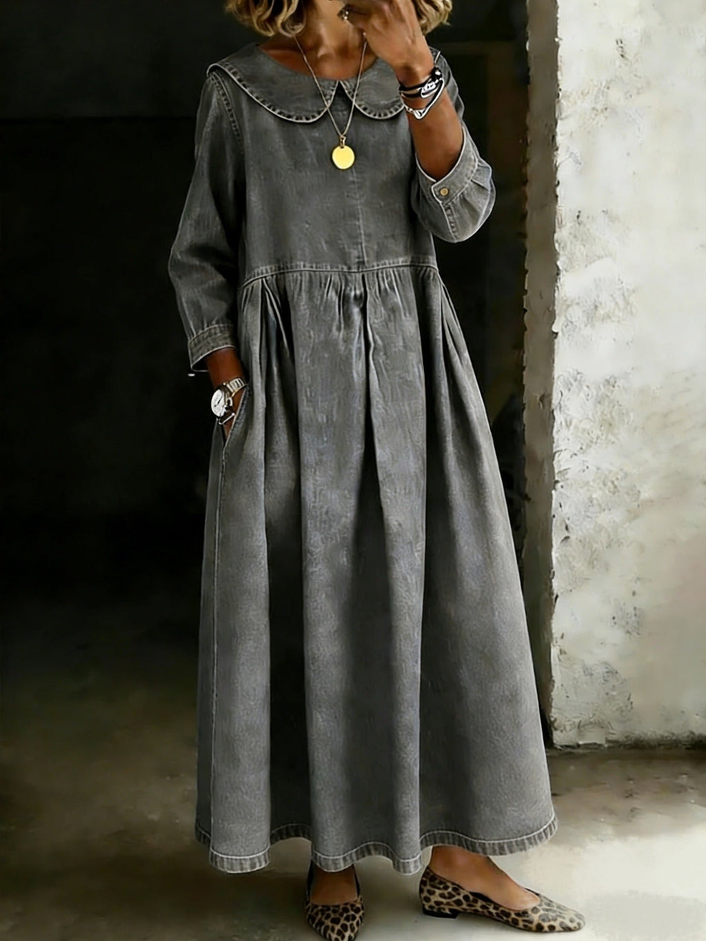 Melissa | Denim-Kleid mit langen Ärmeln und rundem Ausschnitt