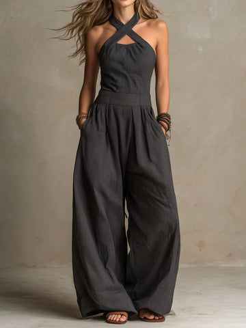 Bianca | Elegante Jumpsuit aus Leinen und Baumwolle mit Kreuz-Ausschnitt