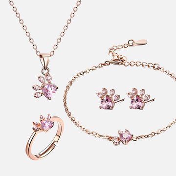 Roségold Pfoten Schmuckset – 4-teilig mit Zirkonia-Herz (Ring, Kette, Ohrringe, Armband)