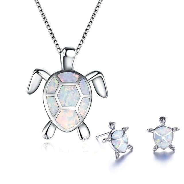 Set Halskette + Ohrringe mit Meeresschildkröten-Anhänger aus Opal und Silber