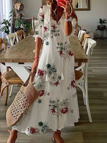 Yesha | Fließendes, leichtes Maxikleid mit V-Ausschnitt