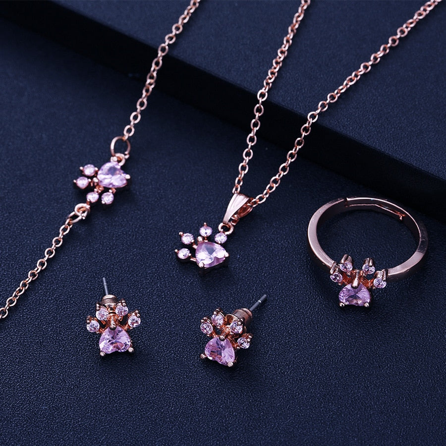 Roségold Pfoten Schmuckset – 4-teilig mit Zirkonia-Herz (Ring, Kette, Ohrringe, Armband)