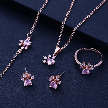 Roségold Pfoten Schmuckset – 4-teilig mit Zirkonia-Herz (Ring, Kette, Ohrringe, Armband)