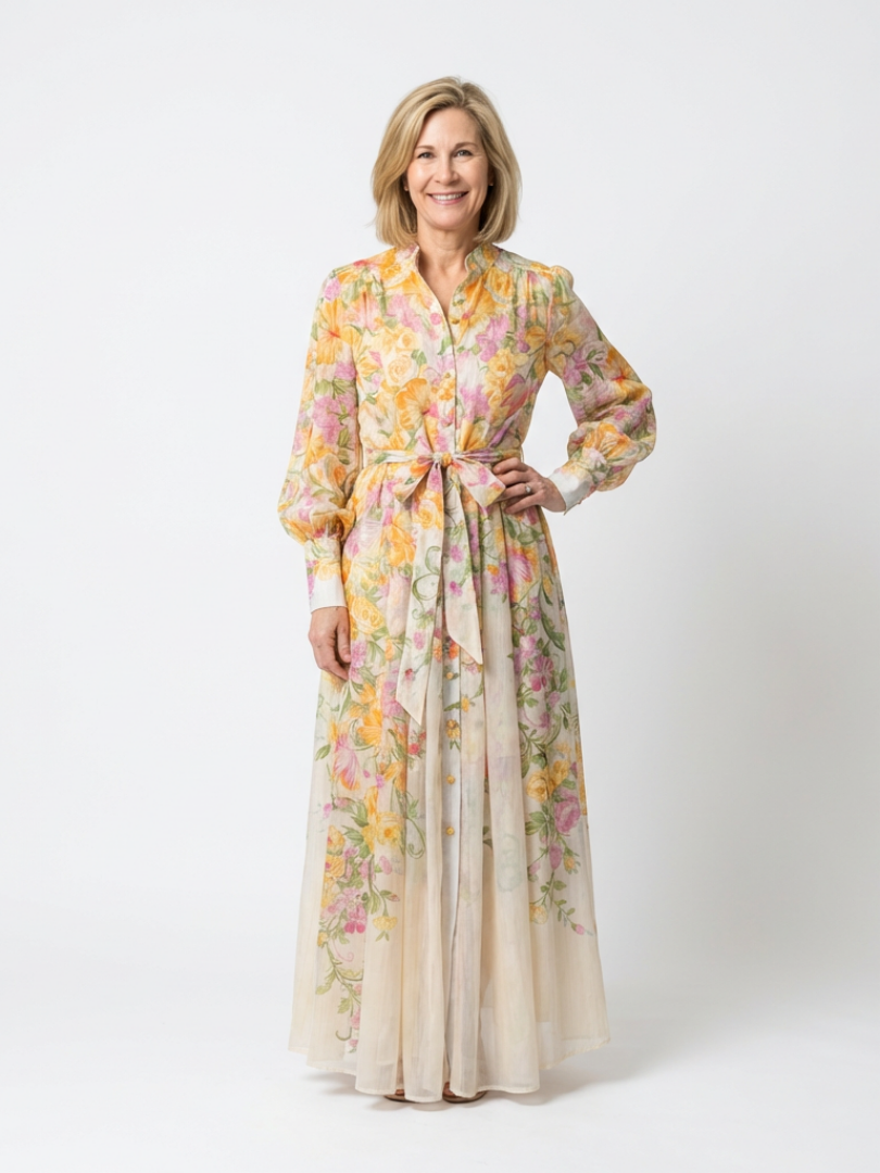 Cressida – Transparentes Maxikleid mit Blumendruck und langen Ärmeln